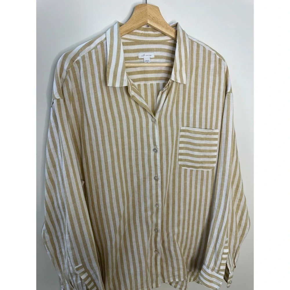 J Jill Love Linen Tan White Striped Button Up Pocket Shirt XL Lagonlook Coastal - Picture 4 of 12